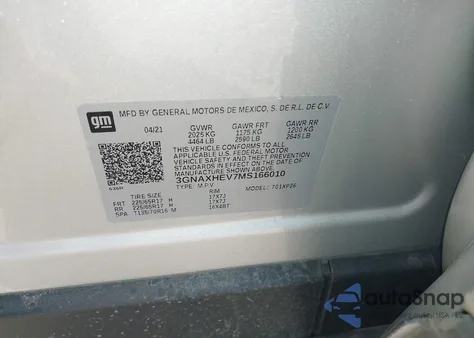 2021 Chevrolet Equinox Fwd Ls z USA, uszkodzony, nr VIN 3GNAXHEV7MS166010